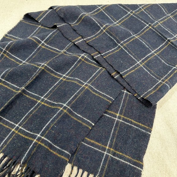London Fog Cashmink Fashion Scarf Blue Gold Plaid Pattern Made in Germany - Picture 4 of 8